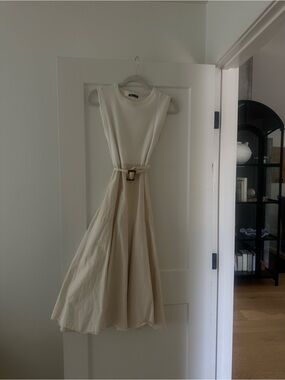 Zara Cream Sleeveless Midi Dress with Belt